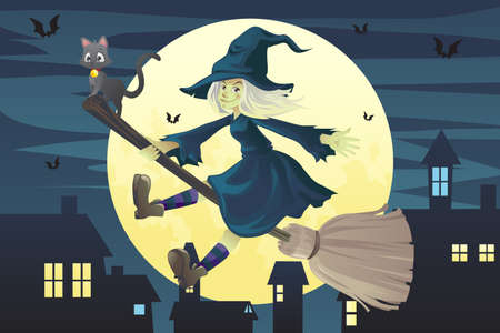 An illustration of a Halloween flying witch on a broomstick in the eveningのイラスト素材
