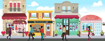 A vector illustration of people shopping in an outdoor shopping mallのイラスト素材