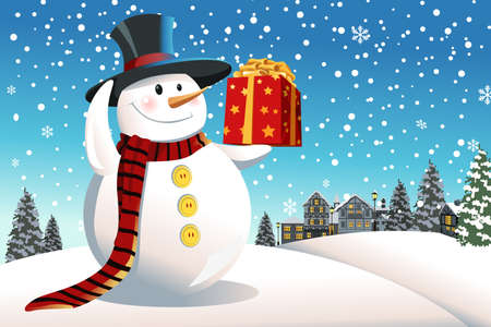 A vector illustration of a snowman holding a Christmas presentのイラスト素材