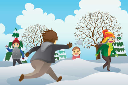 A vector illustration of children playing snowballs outdoorのイラスト素材