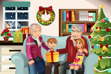 illustration of grandparents giving Christmas presents to their grandchildrenのイラスト素材