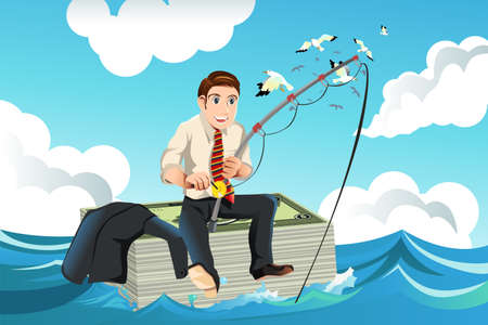 illustration of business finance concept with a businessman sitting on top of a stack of money fishing for money in the seaのイラスト素材