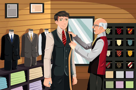 illustration of a man being measured for a fitted suit by a tailorのイラスト素材