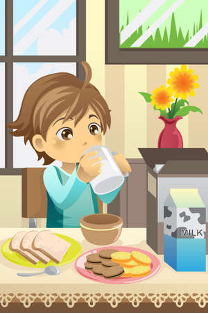  illustration of a boy eating his breakfast at homeのイラスト素材
