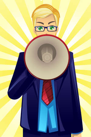 A vector illustration of a businessman speaking through a megaphoneのイラスト素材