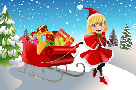 A vector illustration of a Christmas girl pulling a sleigh full of Christmas presentsのイラスト素材