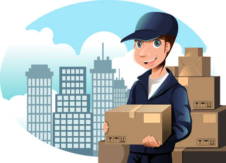 A vector illustration of a delivery man holding a packageのイラスト素材