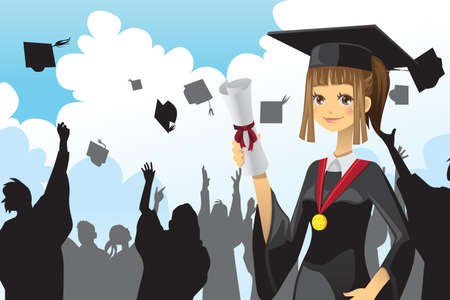 A vector illustration of a graduation girl holding her diploma with her friends in the backgroundのイラスト素材