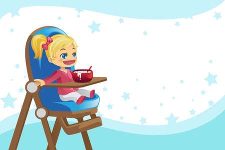 A vector illustration of a child eating in the high chairのイラスト素材