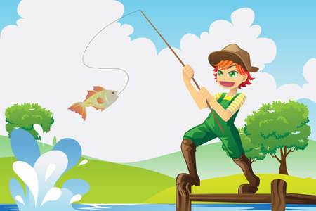 A vector illustration of a boy going fishingのイラスト素材