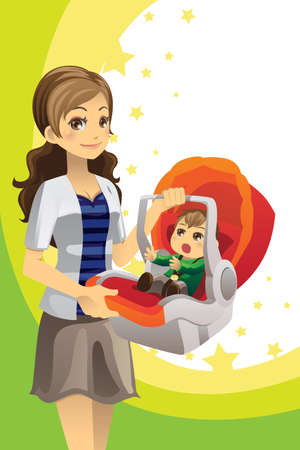 A vector illustration of a mother carrying her baby in a car seatのイラスト素材