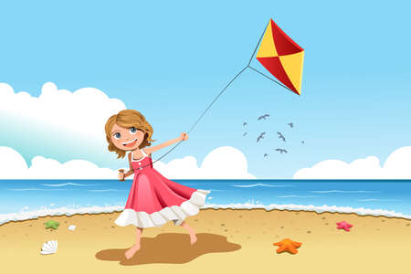 A illustration of a little girl flying a kite on the beachのイラスト素材