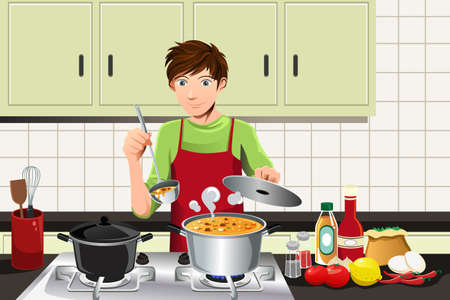 A vector illustration of a young man cooking in the kitchenのイラスト素材