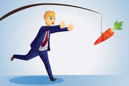 A vector illustration of a businessman trying to reach a carrot dangled on a stick in front of himのイラスト素材