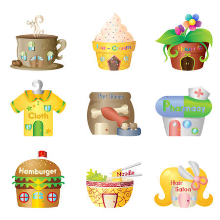 A vector illustration of cute cartoon shopsのイラスト素材