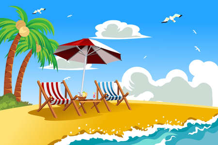 A vector illustration of beach chairs on the tropical beachのイラスト素材