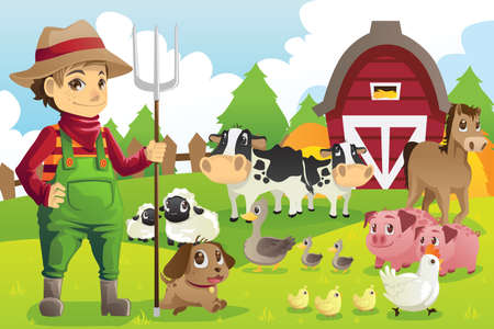 A vector illustration of a farmer at his farm with a bunch of farm animals