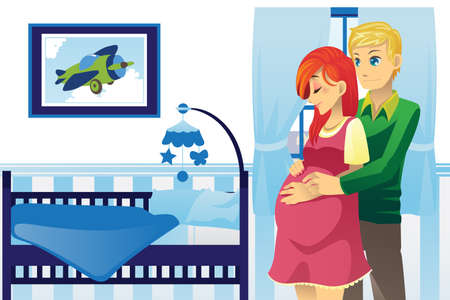 A vector illustration of a happy pregnant couple at homeのイラスト素材