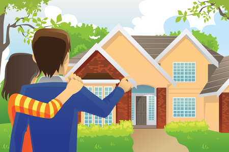 A vector illustration of a young couple looking at their dream houseのイラスト素材