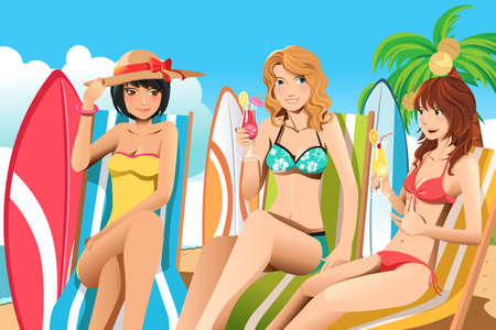 A vector illustration of a group of women relaxing on the beachのイラスト素材