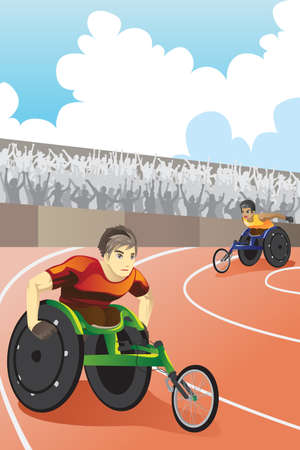 A vector illustration of athletes in wheelchair racing in a competition inside a stadiumのイラスト素材