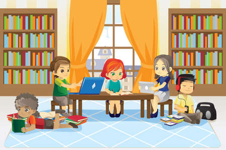 A vector illustration of a group of children in the library