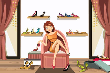 A vector illustration of a woman in a shoes store shopping for shoesのイラスト素材