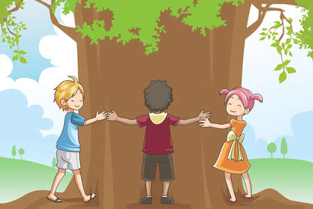 A vector illustration of kids hugging a tree showing a concept of loving environmentのイラスト素材