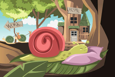 A vector illustration of a lazy snail sleeping while others going to workのイラスト素材