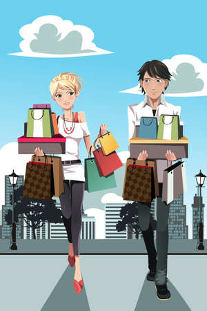 A vector illustration of a couple shopping in the cityのイラスト素材