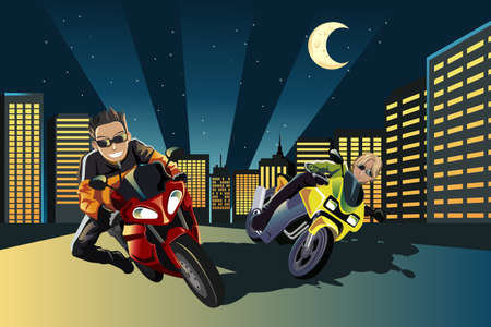 A vector illustration of young motorcycle racers in the cityのイラスト素材