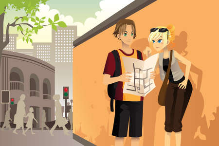A illustration of a couple young tourists reading a map in an urban villageのイラスト素材