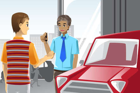 A vector illustration of a man buying a car from a car salesman in a car dealershipのイラスト素材
