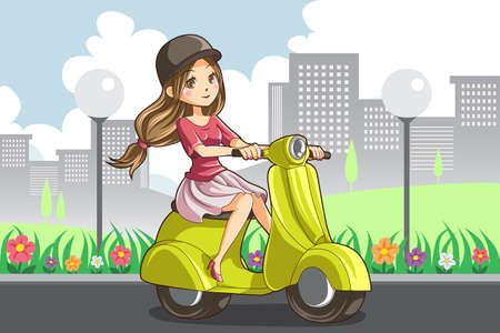 A illustration of a girl riding a scooterのイラスト素材