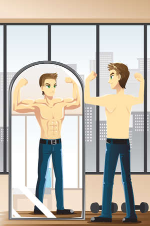 A illustration of a fitness man flexing his muscles looking at the mirrorのイラスト素材