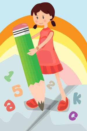 A illustration of a school girl holding a pencil writing letters and numbersのイラスト素材
