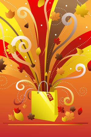 A vector illustration of a colorful shopping bag with autumn backgroundのイラスト素材