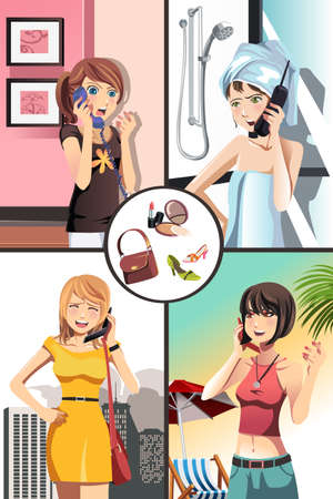A illustration of four women talking on the phoneのイラスト素材