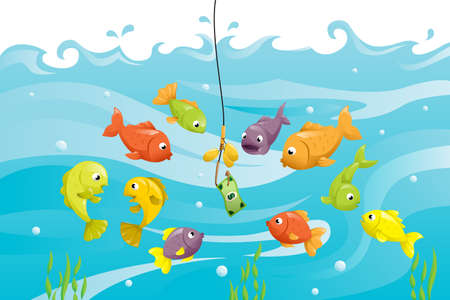 A vector illustration of a bunch of fish surrounding a bait of a dollar bill, can be used for financial conceptのイラスト素材
