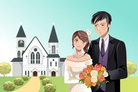 A  illustration of a couple getting married in front of a churchのイラスト素材