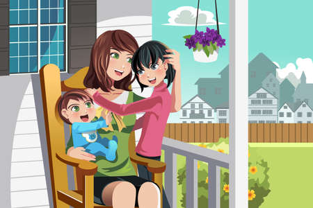 A illustration of a mother and her children sitting on a chair in front of their houseのイラスト素材