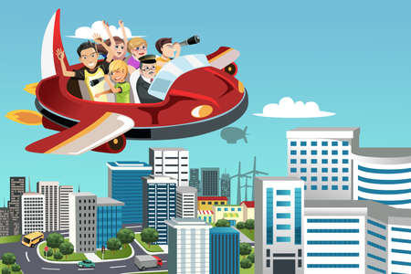 A illustration of a group of traveling people flying in an airplaneのイラスト素材