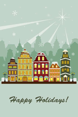 A illustration of a village in the winter greeting card のイラスト素材
