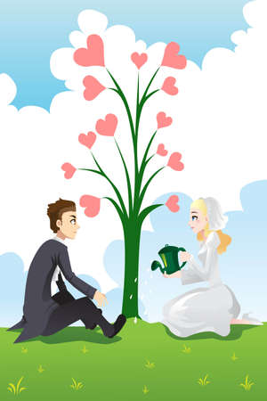 A vector illustration of a wedding couple watering the tree of loveのイラスト素材