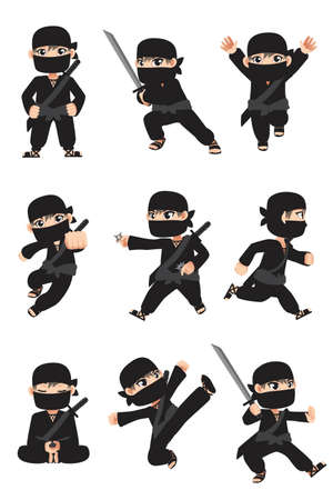 A vector illustration of different poses of a kid ninjaのイラスト素材