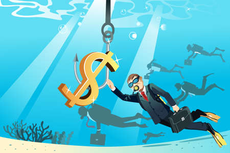 A illustration of a business concept of a businessman swimming under the water trying to reach a bait of moneyのイラスト素材