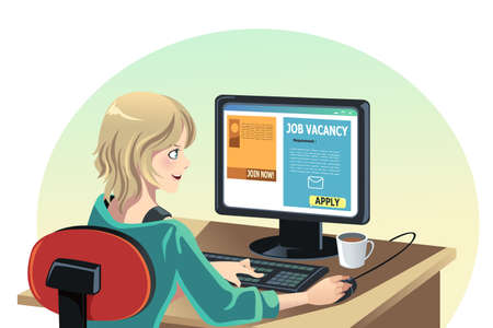 A vector illustration of a woman searching for a job onlineのイラスト素材