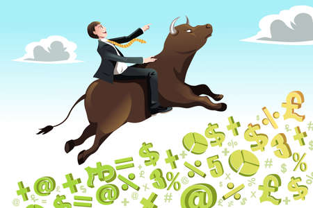 A vector illustration of a businessman riding a bull going up on a hill, can be used for bull market conceptのイラスト素材