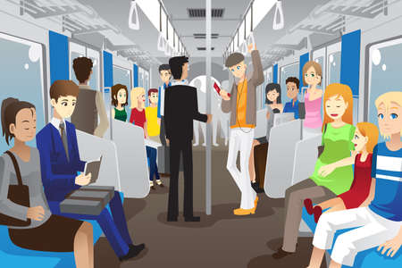 A vector illustration of people inside a subway trainのイラスト素材