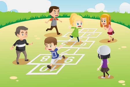 A vector illustration of kids playing hopscotch in the parkのイラスト素材